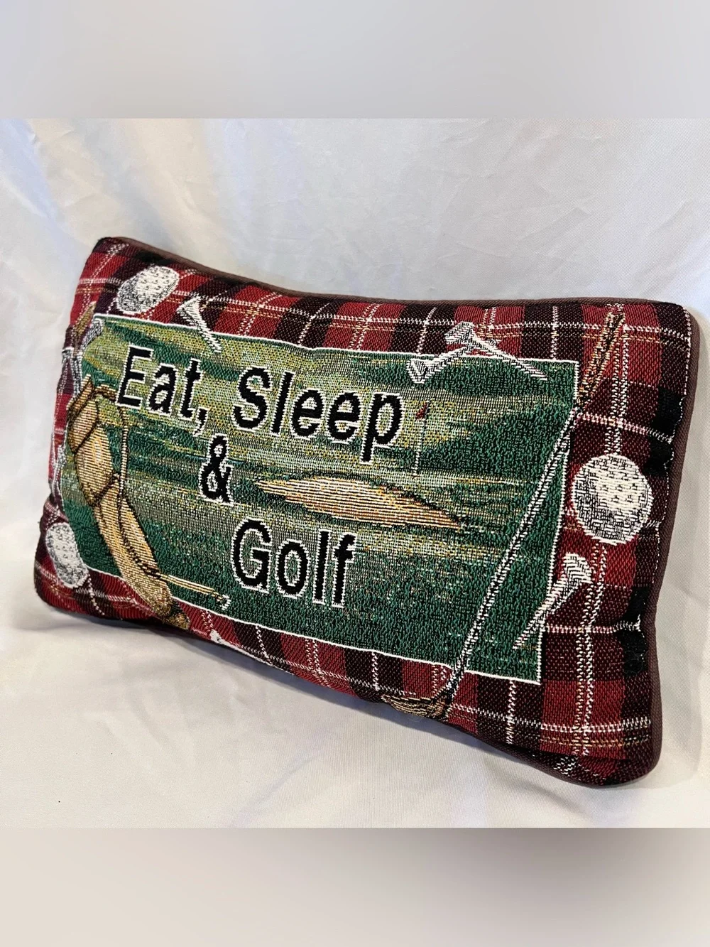 Vintage Eat Sleep & Golf Red Plaid Woven Tapestry Accent Pillow